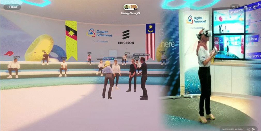 Split view of the VR classroom environment and a student wearing a Meta Quest headset at the Ericsson-DNB 5G showcase