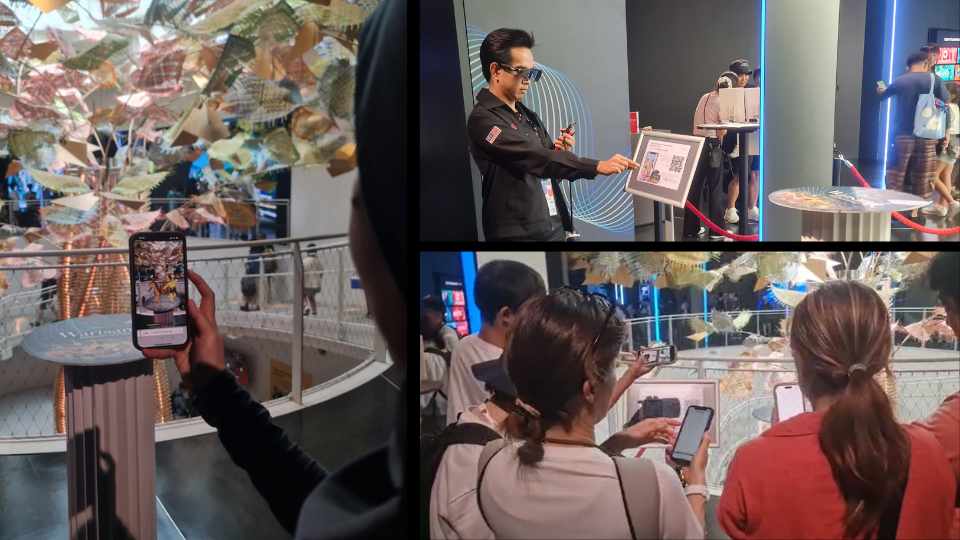 Visitors experiencing the WarisanXR hologram dancer at Expo Osaka 2025